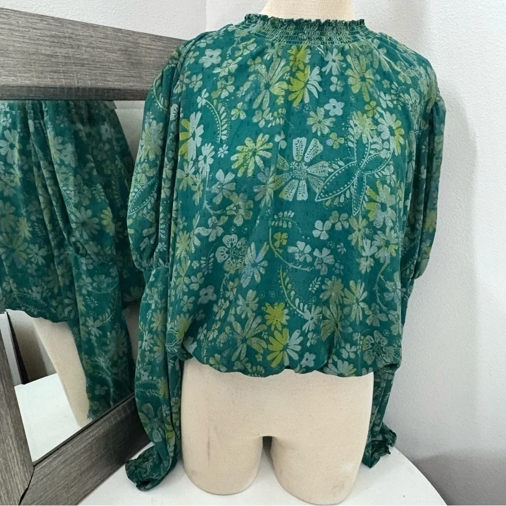 Free People Green Puff Sleeve Ruffled Blouse